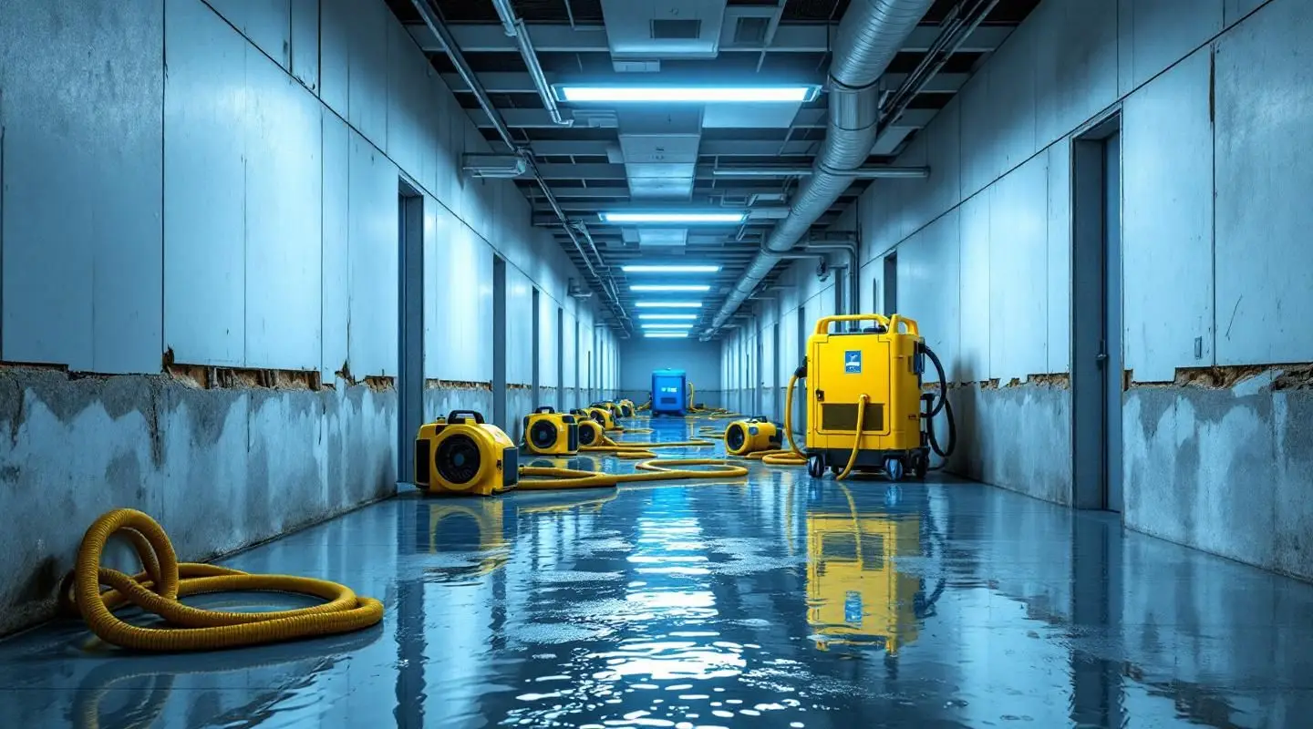 Commercial water damage restoration crew using industrial water extractors and dehumidifiers in a Houston office building.