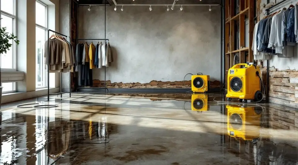 Bayou Dry Solutions technicians extracting water from a flooded Houston retail store aisle using commercial drying equipment.
