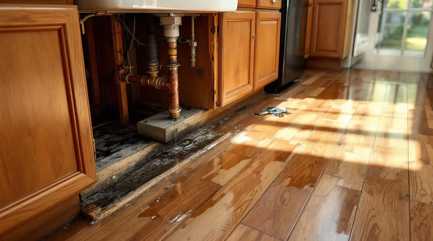 Bayou Dry Solutions technician drying water-damaged kitchen cabinets in a Houston home using professional structural drying equipment.