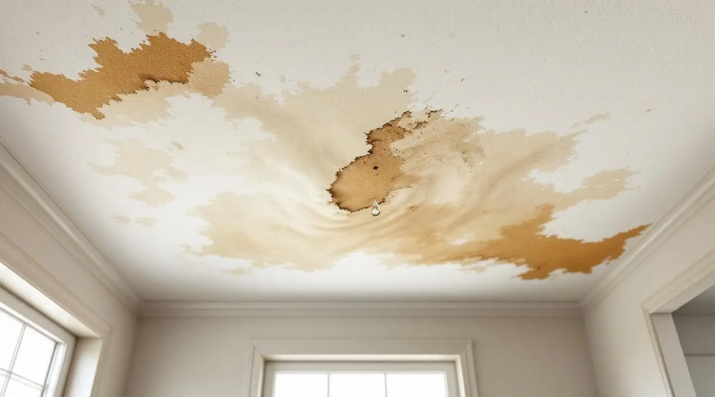 Technician using a moisture meter to inspect a sagging, water-stained drywall ceiling in a humid Houston home.