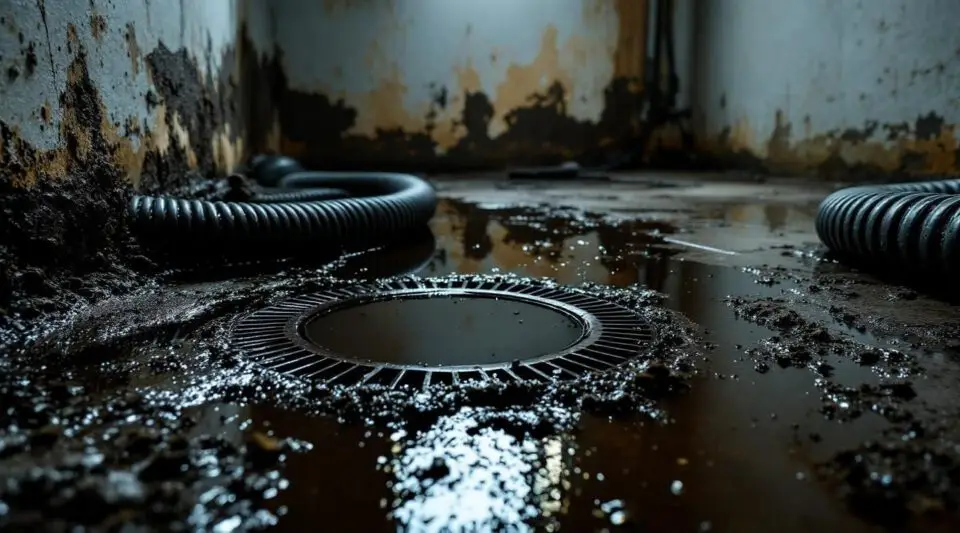 A technician in protective gear using professional extraction equipment to clean a sewage backup in a Houston home.