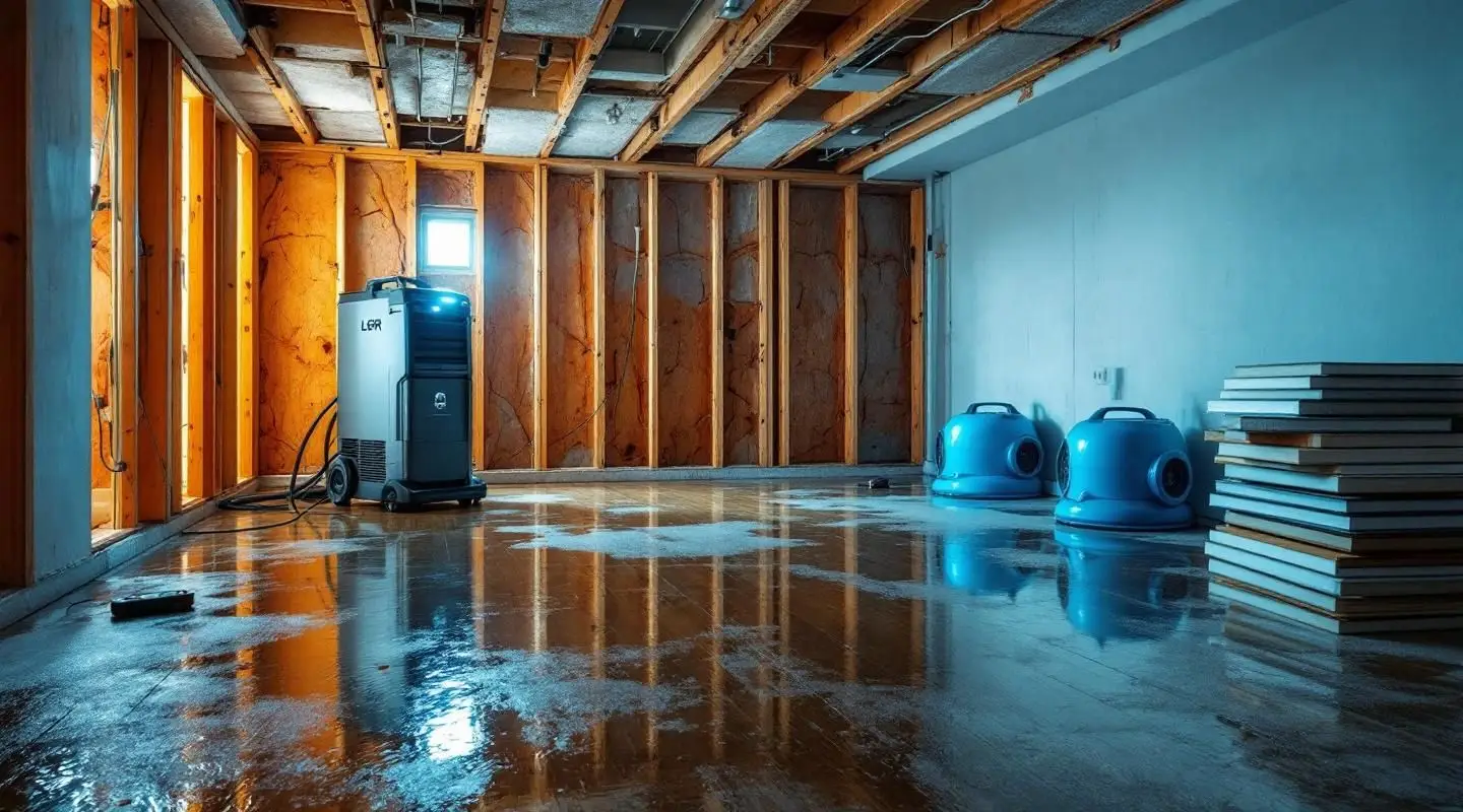 Bayou Dry Solutions technician using a professional water extraction vacuum on a flooded Houston home floor.