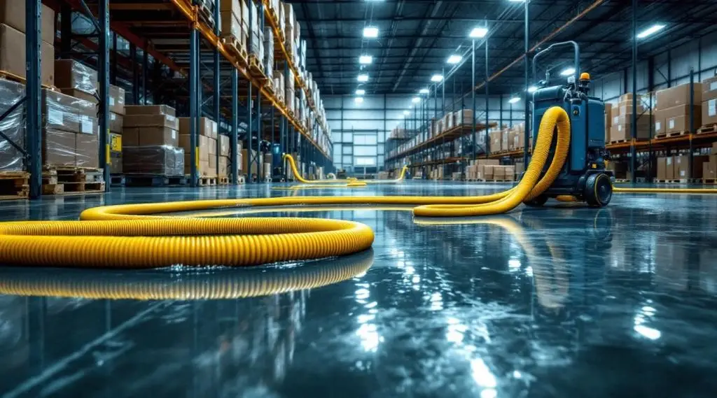 Bayou Dry Solutions technicians using commercial water extraction equipment on a flooded Houston warehouse