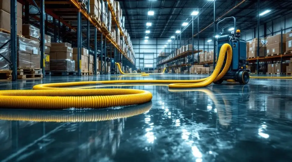 Bayou Dry Solutions technicians using commercial water extraction equipment on a flooded Houston warehouse