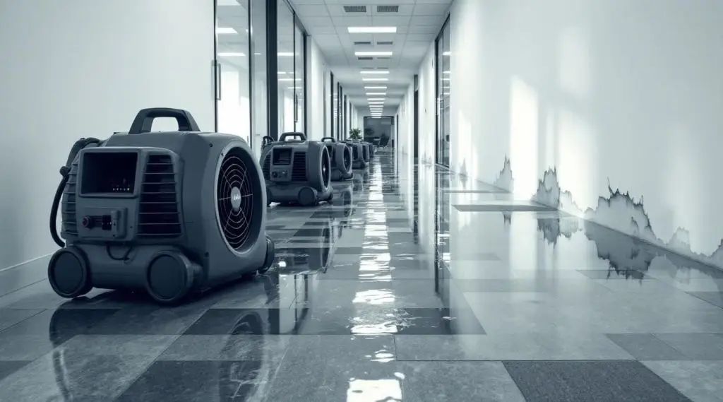 Bayou Dry Solutions crew using commercial water extractors in a flooded office lobby on a rainy day in Houston.