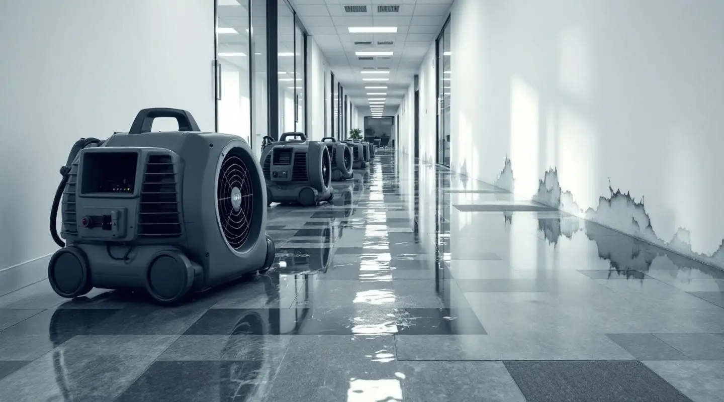 Bayou Dry Solutions crew using commercial water extractors in a flooded office lobby on a rainy day in Houston.