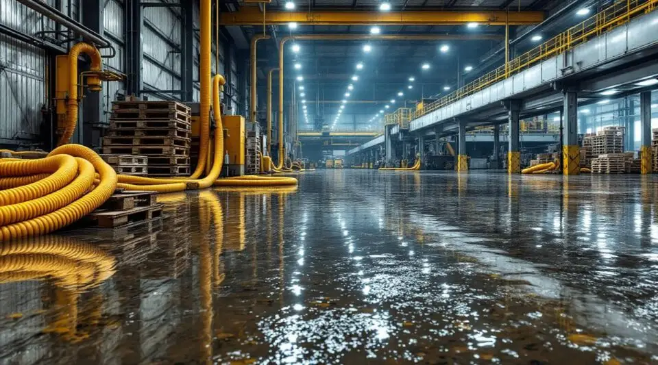 Commercial water extraction technicians using industrial pumps and air movers inside a flooded Houston warehouse.