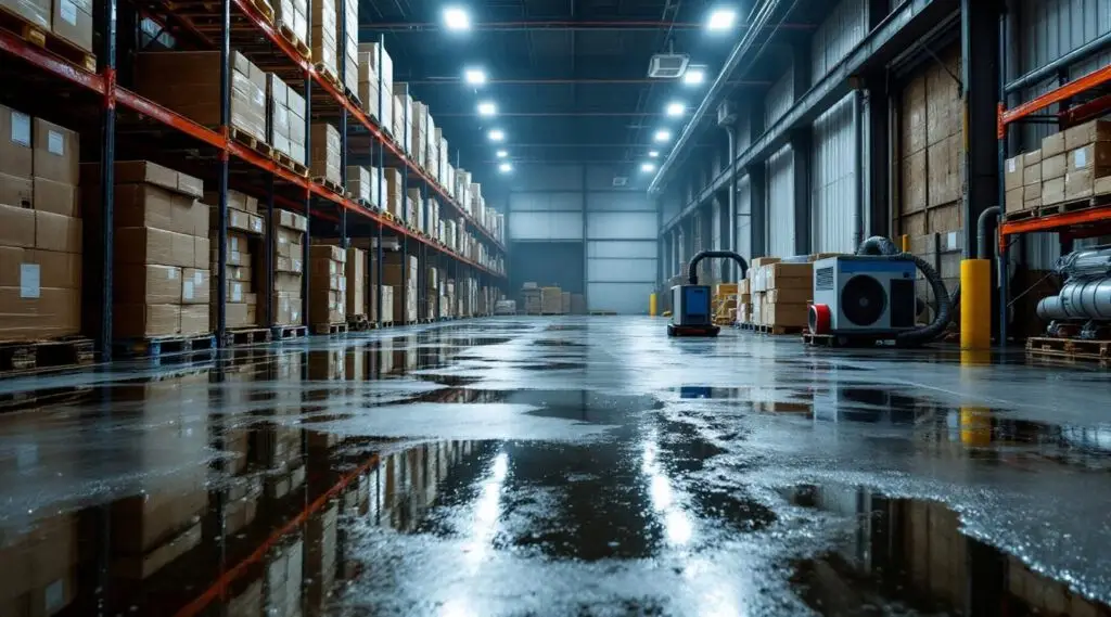 Commercial water extraction crew using industrial air movers in a flooded Houston shipping warehouse.