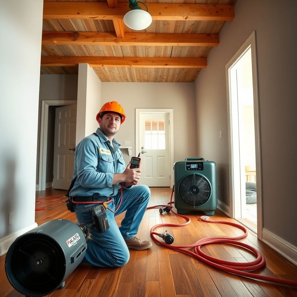 A Bayou Dry Solutions technician setting up a high-capacity dehumidifier in a residential living room in Humble.