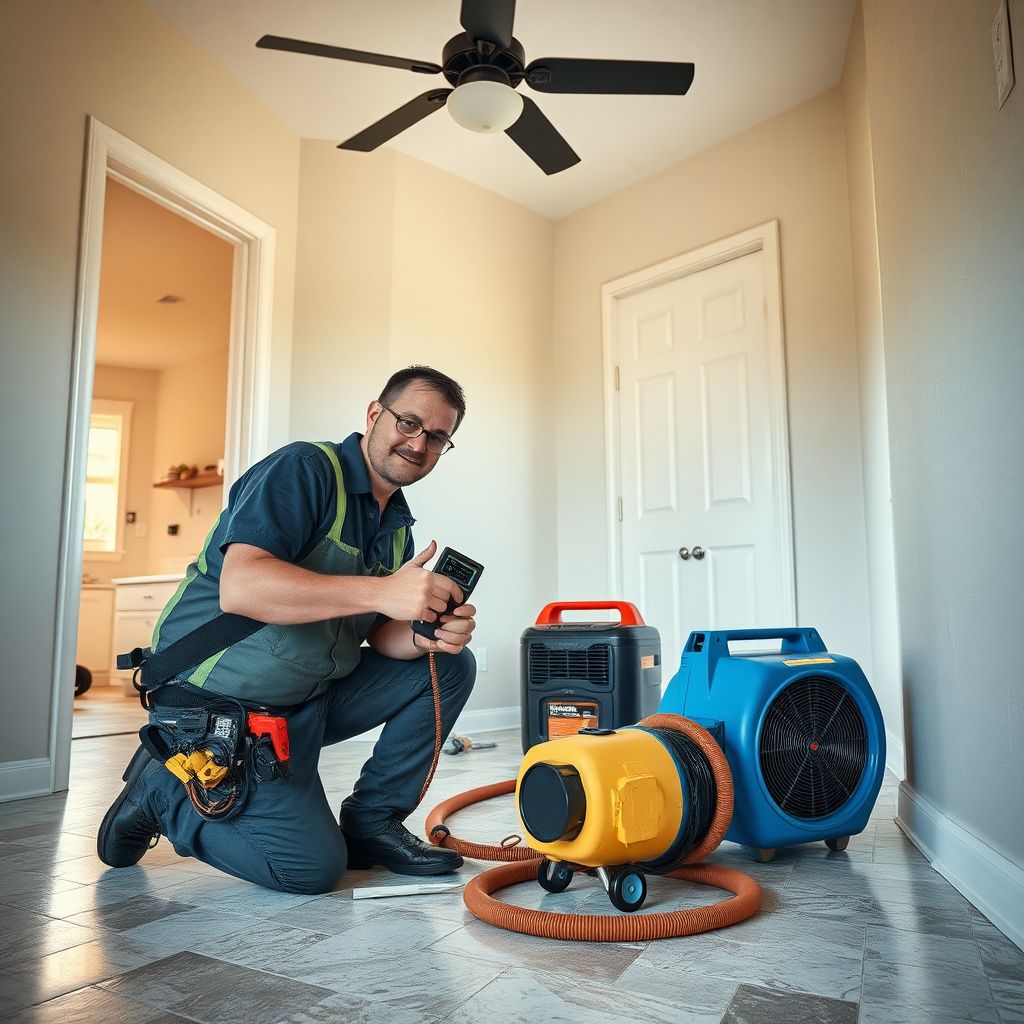 A technician setting up industrial air movers and checking moisture levels in a Conroe home.