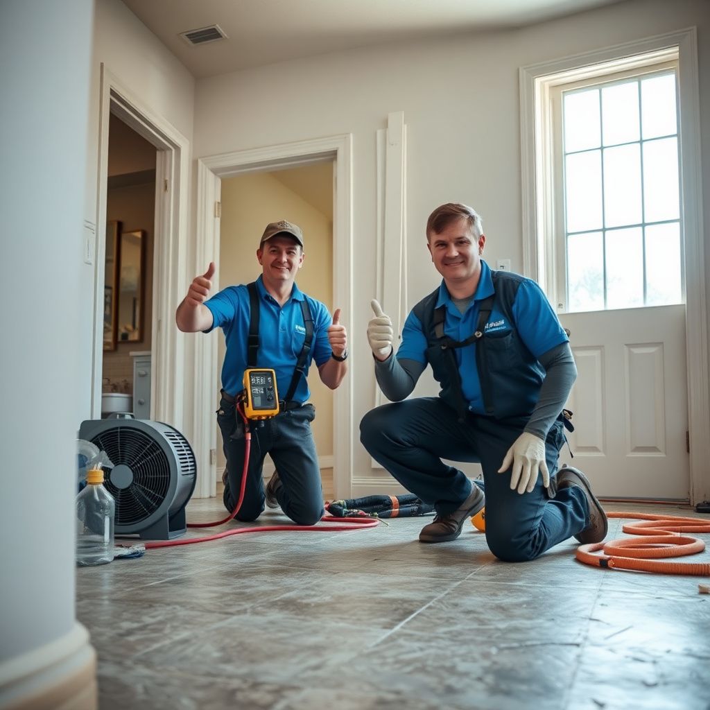 A professional dehumidifier and air movers set up in a Pearland home to dry out water-damaged hardwood flooring.