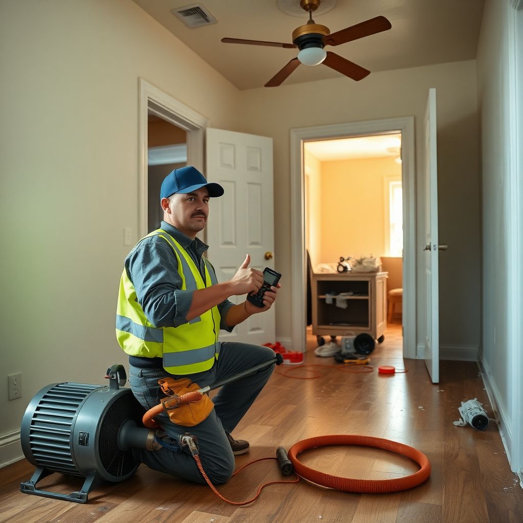 A technician using a non-penetrating moisture meter to check for hidden dampness behind a tiled wall in a Deer Park home.