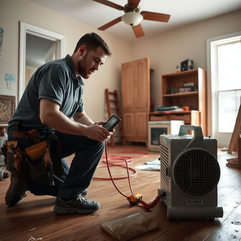 A professional technician using a moisture meter to check for hidden dampness behind a drywall in a La Porte home.